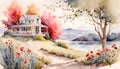 Watercolor illustration in pastel colors, beautiful idyllic landscape with a house and water,