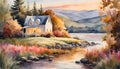 Watercolor illustration in pastel colors, beautiful idyllic landscape with a house and water,