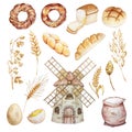 Watercolor illustration of pastry, baking, dry grass