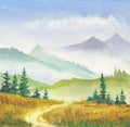 Watercolor illustration, path, spruce trees, mountains in fog and blue sky. hand painted illustration