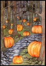 Watercolor illustration with path or trailway, scary pumpkin head and lanterns hiding behind the gloomy trees in dark forest or