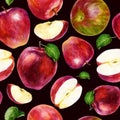 Watercolor illustration, pattern. Apples, slices, halves of apples and apple leaves. Dark brown background. Bright juicy pattern Royalty Free Stock Photo