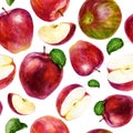 Watercolor illustration, pattern. Apples, slices, halves of apples and apple leaves. White background. Bright juicy pattern Royalty Free Stock Photo