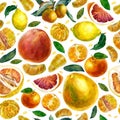 Watercolor illustration. Pattern of citrus fruits on a white background. Tangerines, slices of tangerines, leaves, grapefruit,