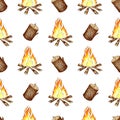 Campfire pattern and log watercolor Royalty Free Stock Photo