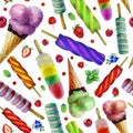 Watercolor illustration, pattern. Ice cream, berries and mint leaves on a white background