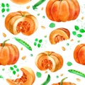 Watercolor illustration, pattern. Image of pumpkin, pea leaves