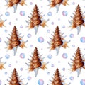 Watercolor illustration of a pattern of large beige blue seashells with beautiful teeth and bubbles Royalty Free Stock Photo