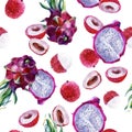 Watercolor illustration. Pattern litchi fruit and pitahaya on a white background.