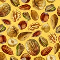 Watercolor illustration, pattern. Nuts on a beige background