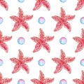 Watercolor illustration pattern pink starfish and bubbles.