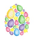 Watercolor illustration of a pattern in the shape of an Easter egg filled with small elements of an egg and a star Royalty Free Stock Photo