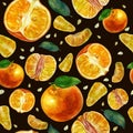 Watercolor illustration, pattern. Tangerines, slices of tangerines and tangerine leaves. Dark brown background. Bright juicy