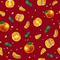 Watercolor illustration, pattern. Tangerines, slices of tangerines and tangerine leaves. Dark red background. Bright juicy orange