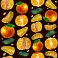 Watercolor illustration, pattern. Tangerines, slices of tangerines and tangerine leaves. Dark brown background. Bright juicy