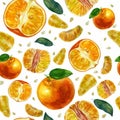 Watercolor illustration, pattern. Tangerines, slices of tangerines and tangerine leaves. White background. Bright juicy