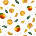 Watercolor illustration, pattern. Tangerines, slices of tangerines and tangerine leaves. White background. Bright juicy orange