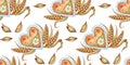 Pattern of Bavarian gingerbread and ears of wheat watercolor