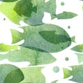 Watercolor illustration. Pattern of transparent silhouettes of fish warm green shades