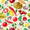 Watercolor illustration. Pattern from vegetables on a beige background. Corn, garlic, pepper, eggplant, herbs, broccoli, tomato,