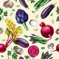 Watercolor illustration. Pattern from vegetables on a beige background. Corn, garlic, pepper, eggplant, herbs, broccoli, tomato,