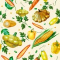 Watercolor illustration. Pattern from vegetables on a beige background. Corn, garlic, pepper, eggplant, herbs, broccoli, tomato,