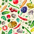 Watercolor illustration. Pattern from vegetables on a beige background. Corn, garlic, pepper, eggplant, herbs, broccoli, tomato,