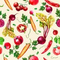 Watercolor illustration. Pattern from vegetables on a beige background. Corn, garlic, pepper, eggplant, herbs, broccoli, tomato,