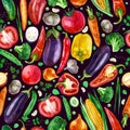 Watercolor illustration. Pattern of vegetables on a dark purple background. Corn, garlic, pepper, eggplant, greens, broccoli,