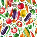 Watercolor illustration. Pattern of vegetables on a white background. Corn, garlic, pepper, eggplant, greens, broccoli, tomato,