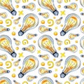 Light bulb pattern and doodle watercolor doodle Royalty Free Stock Photo