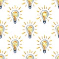 Pattern glowing light bulb watercolor Royalty Free Stock Photo