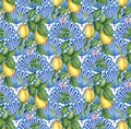 Pattern of ripe lemons on blue patterned background watercolor