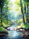watercolor illustration of peaceful forest river Royalty Free Stock Photo
