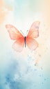 Watercolor illustration of peach butterfly on pastel delicate blue background with watercolor splashes and stains.. With