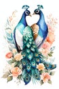 watercolor illustration of peacock pair among florals Royalty Free Stock Photo