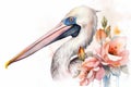 Watercolor illustration of pelican surrounded by flowers and splashes of watercolor paint Royalty Free Stock Photo