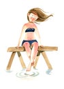 Watercolor illustration. Pensive sunburnt woman in a swimsuit