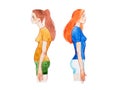 Watercolor illustration of people with right and wrong posture. Woman with normal healthy spine and abnormal sick spine