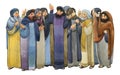 Watercolor illustration of Pharisees, Old Testament Jews, scribes. A crowd, a gathering of men discussing something and being