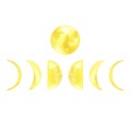 Watercolor illustration with phases of the moon, yellow moon and stars. Isolate on a white background. Royalty Free Stock Photo
