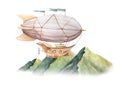 Watercolor illustration of picturesque green mountains and vintage airship or dirigible isolated