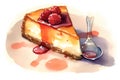 watercolor illustration of a piece of cheesecake with raspberries and jam