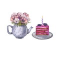 Watercolor illustration piece of delicious cake with blueberries, candle and a teapot with anemones. Sweet dessert for