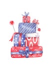 Watercolor illustration of a pile of gift boxes decorated with bow ribbons