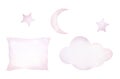 Watercolor illustration of pink clouds, moons, stars, pillows isolated on a white background, hand-drawn.