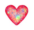 Watercolor illustration of a pink heart decorated with rainbow snowflakes