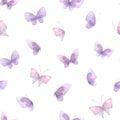 Watercolor illustration of pink and lilac butterflies. Seamless pattern, gentle, airy. For fabric, textiles, wallpaper