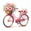 Watercolor illustration of pink vintage bike with spring flowers in the basket.