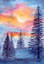 Watercolor illustration of a pink and yellow sunset in the forest